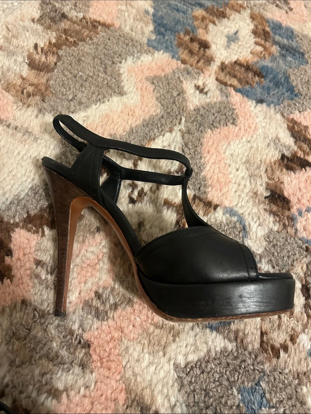 Saint Laurent Black Leather T-Strap Slingback Heels - Picture 6 of 6